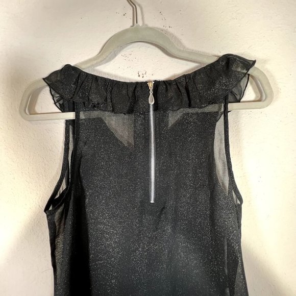 Romeo and Juliet Couture Sheer Sleeveless Blouse Ruffles Black Gold Shimmer Sz S - Picture 4 of 8